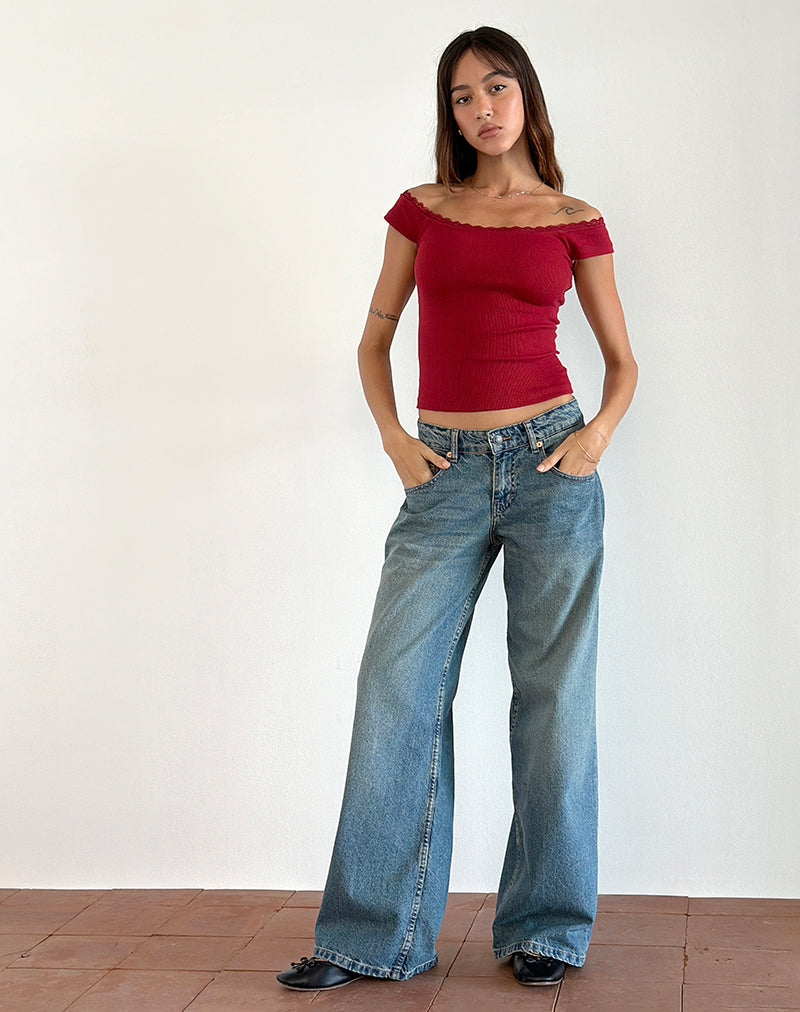 Chacha Ribbed Top in Adrenaline Red with Lace Trim-Nico Sky