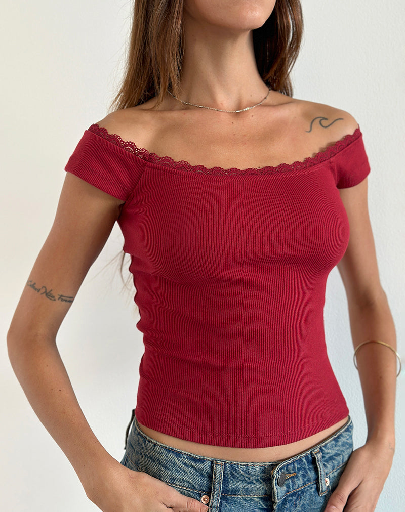 Chacha Ribbed Top in Adrenaline Red with Lace Trim-Nico Sky
