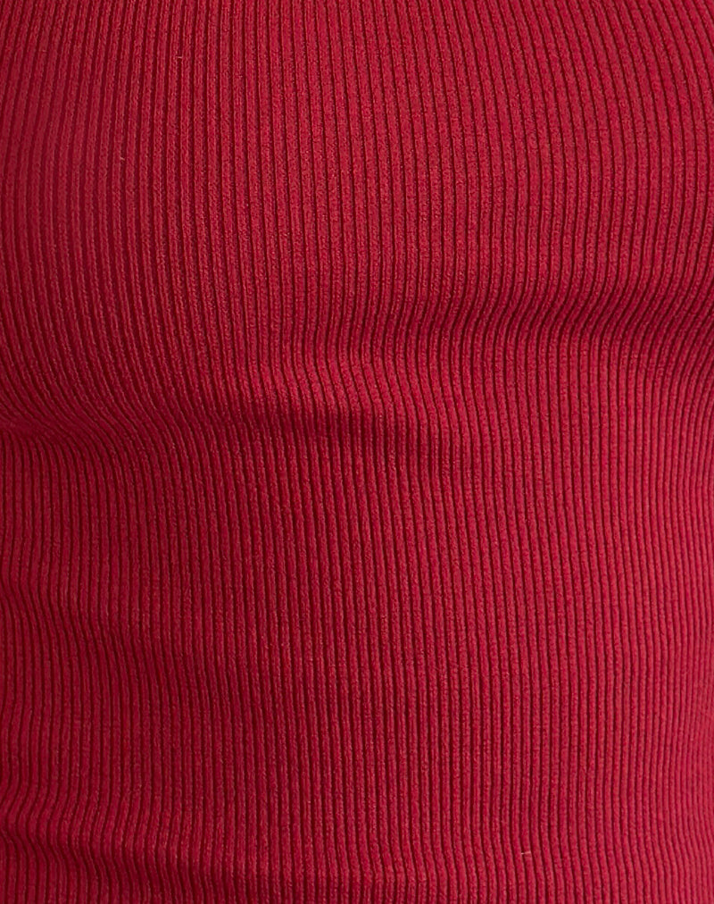 Chacha Ribbed Top in Adrenaline Red with Lace Trim-Nico Sky