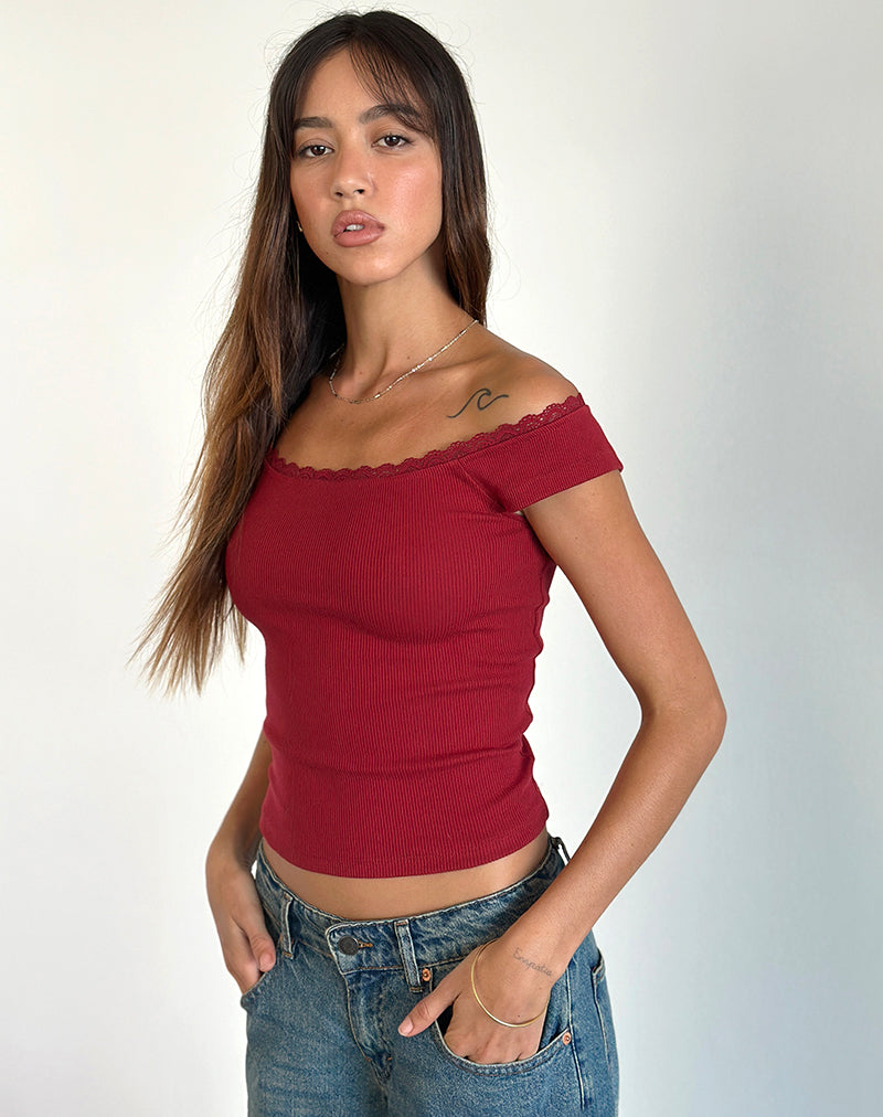 Chacha Ribbed Top in Adrenaline Red with Lace Trim-Nico Sky