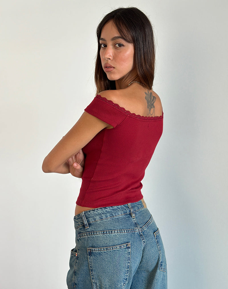 Chacha Ribbed Top in Adrenaline Red with Lace Trim-Nico Sky