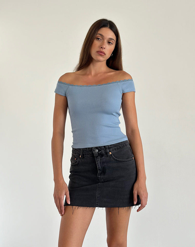 Chacha Ribbed Bardot Top in Nantucket Blue Lace-Nico Sky