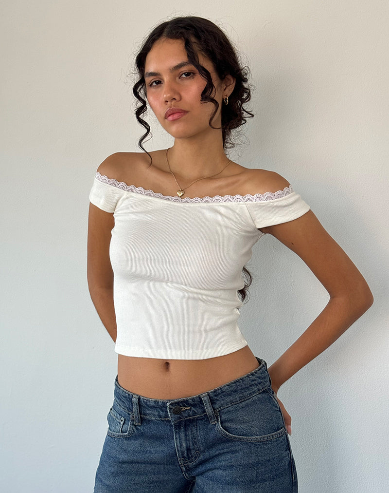 Chacha Top in Off White Rib Lace-Nico Sky