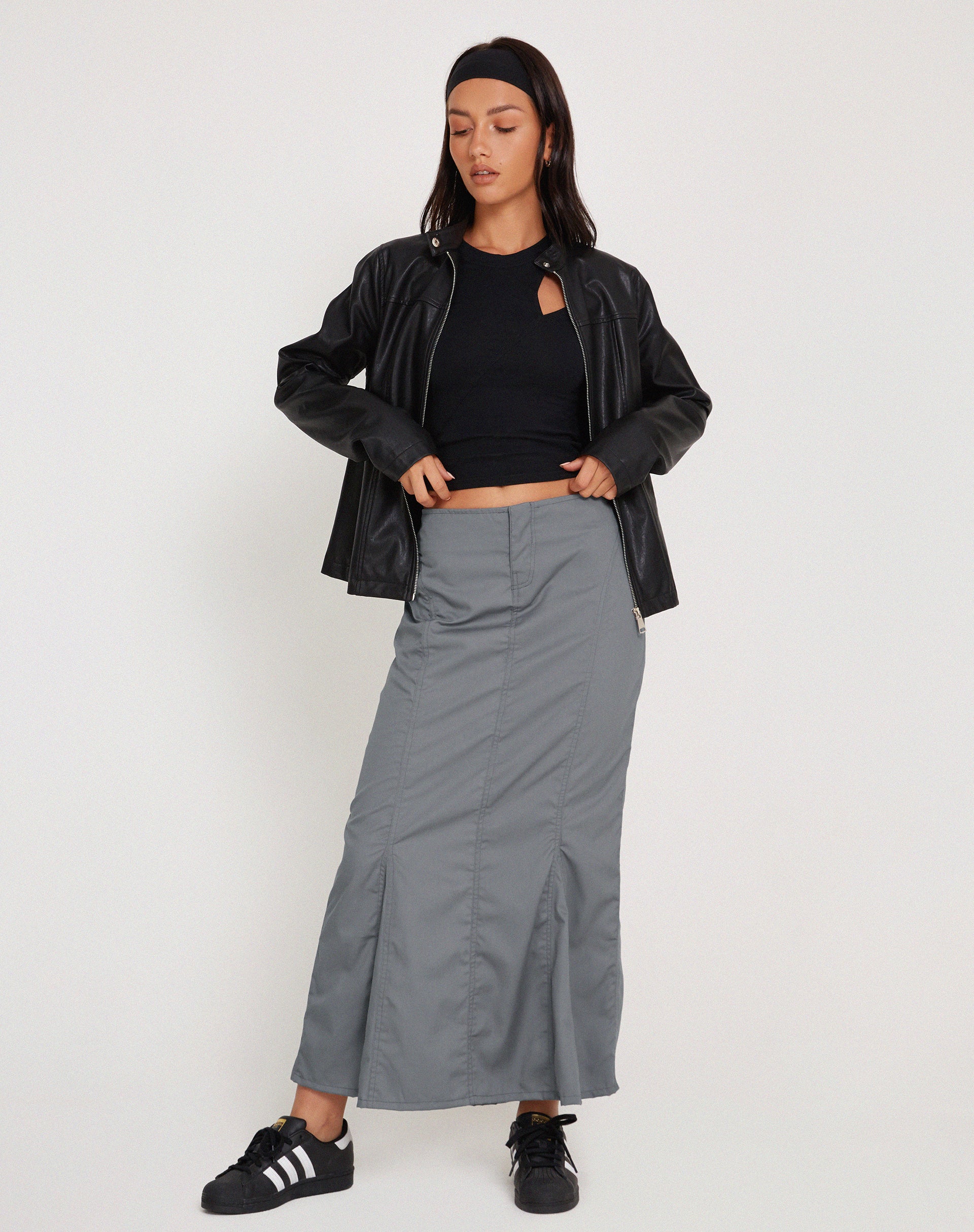 Chaeun Low Rise Midi Cargo Skirt in Grey-Nico Sky