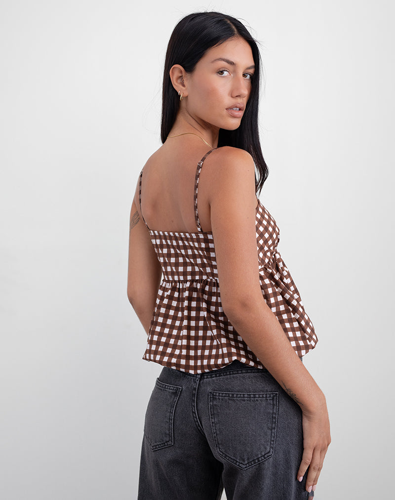 Charlita Frill Cami Top in Tonal Gingham Brown-Nico Sky