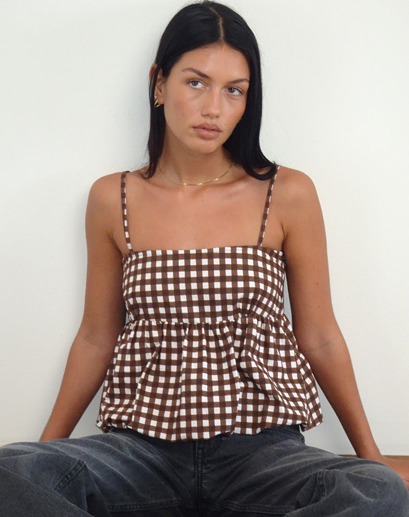 Charlita Frill Cami Top in Tonal Gingham Brown-Nico Sky