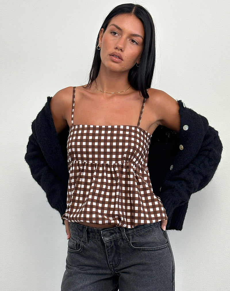 Charlita Frill Cami Top in Tonal Gingham Brown-Nico Sky