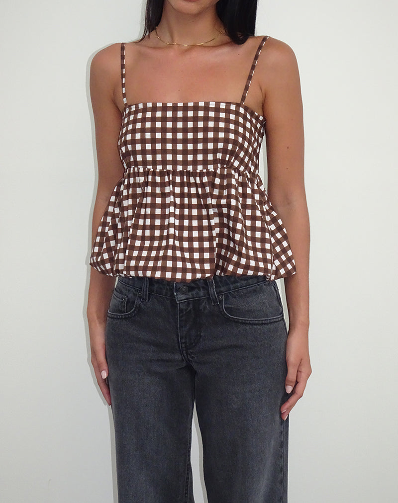 Charlita Frill Cami Top in Tonal Gingham Brown-Nico Sky