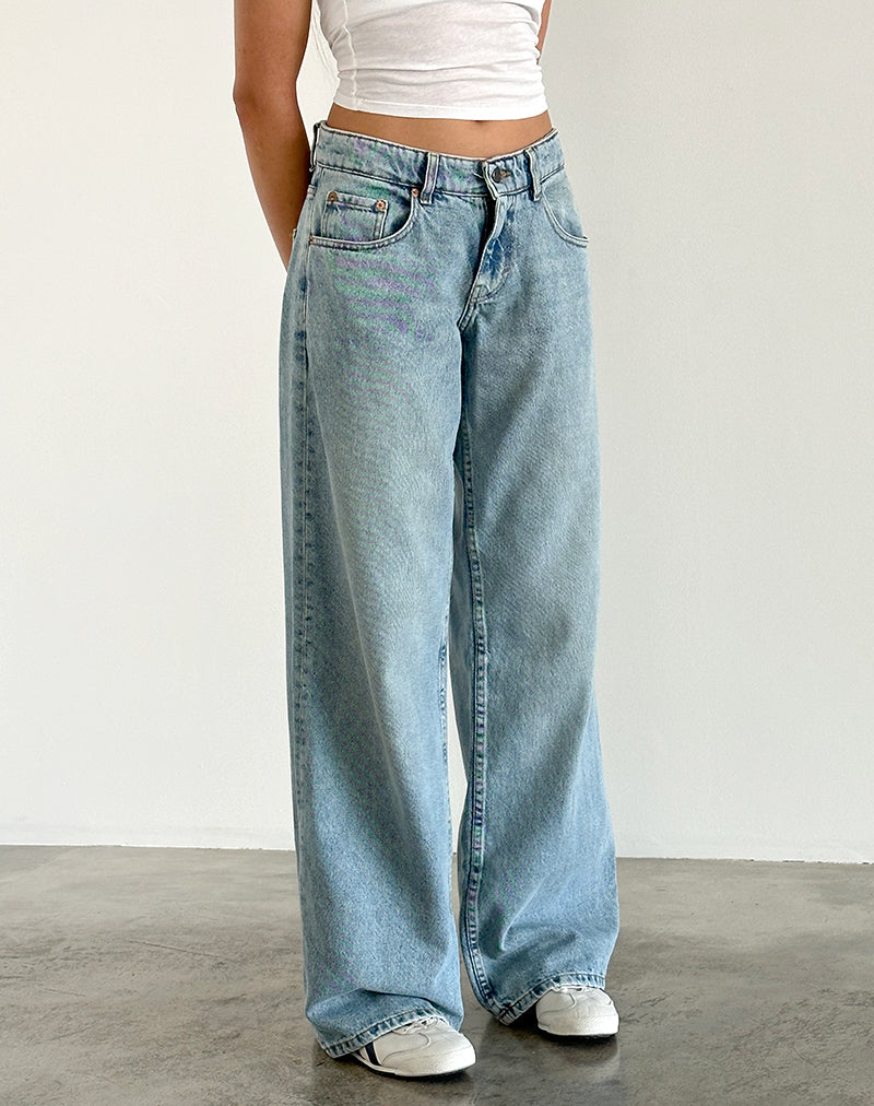 Roomy Extra Wide Low Rise Jeans in Washed Blue Green-Nico Sky