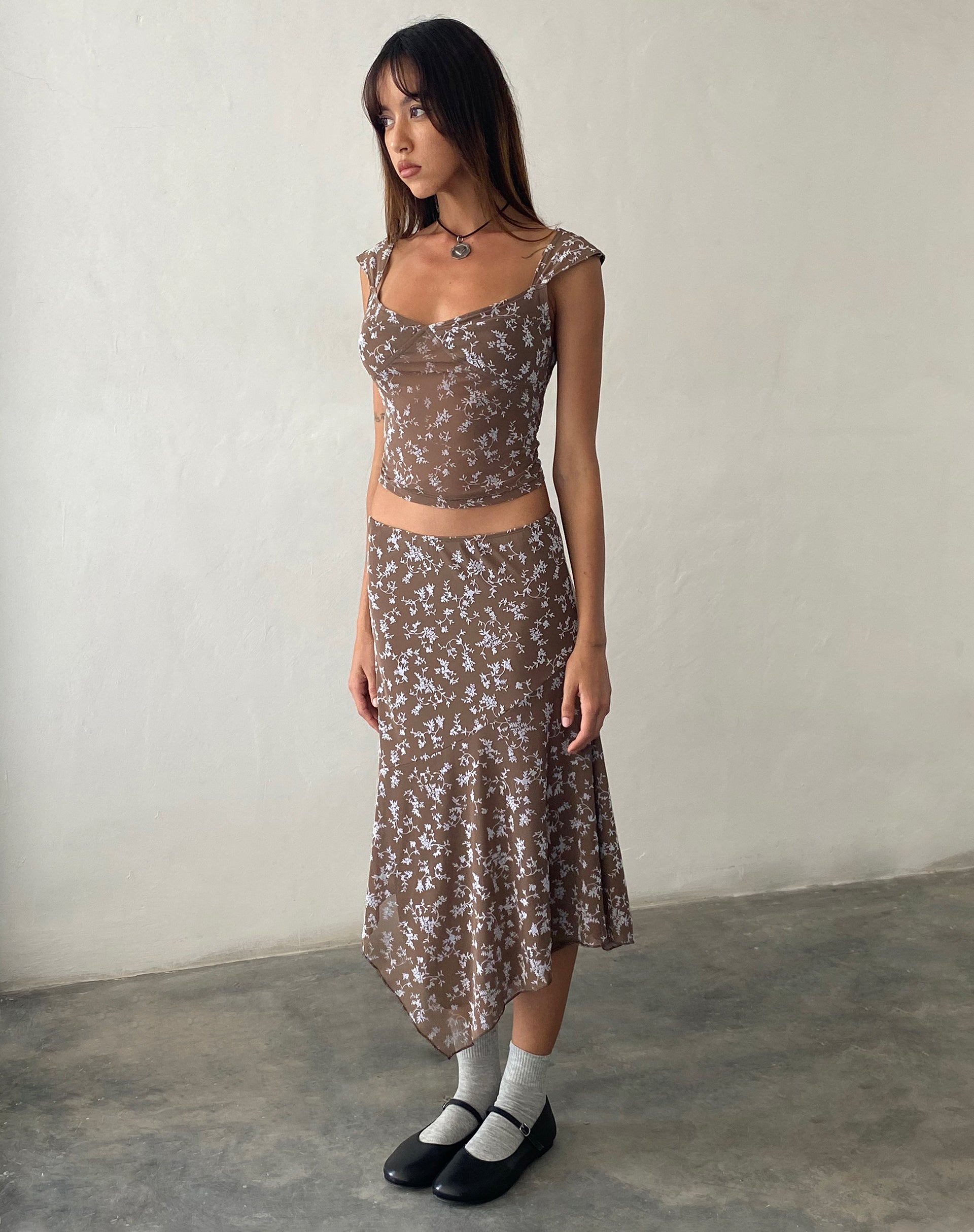 Cinta Low Rise Midi Skirt in Botanist Flock Dark Taupe-Nico Sky