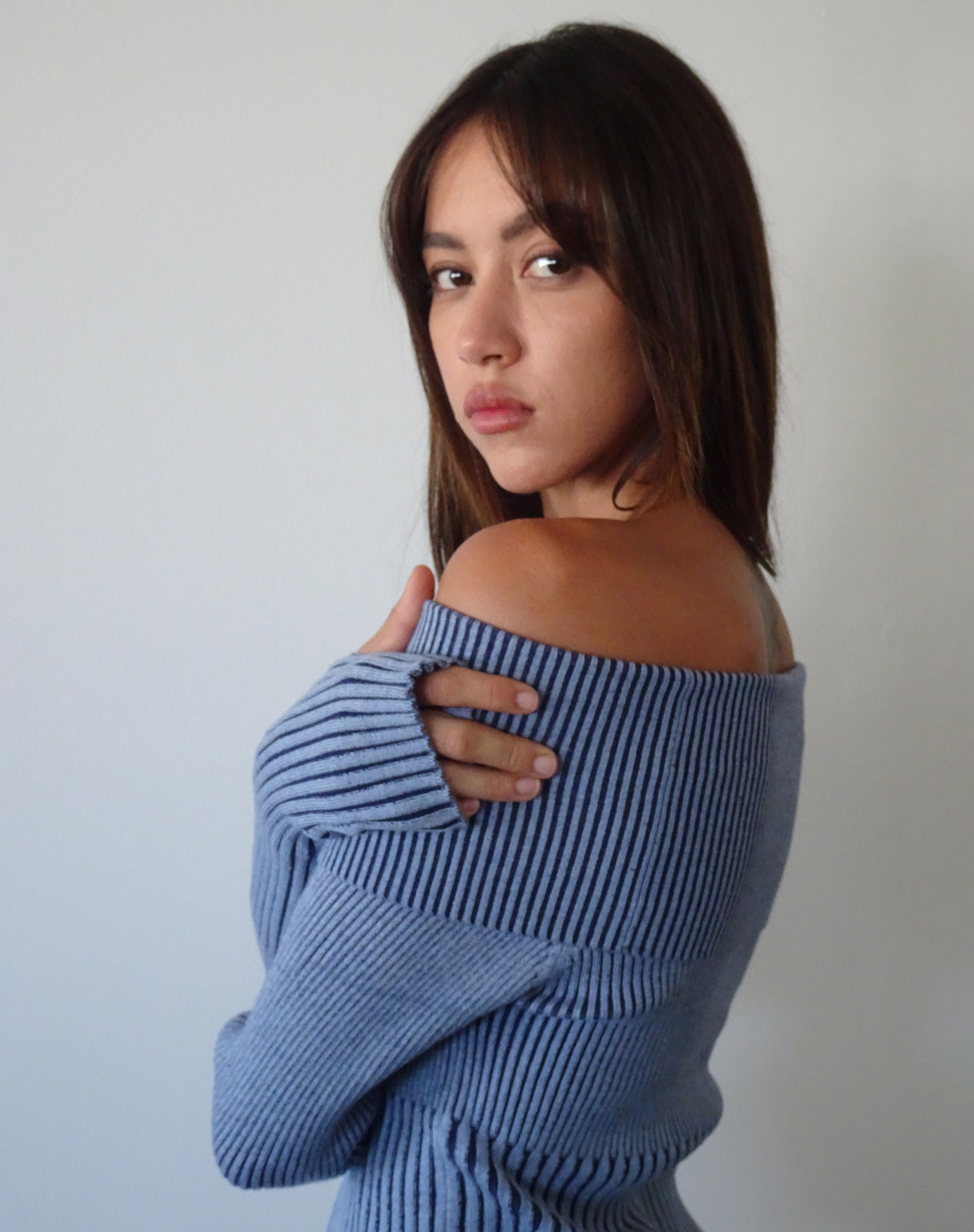 Circe Knitted Bardot Jumper in Two Tone Blue-Nico Sky