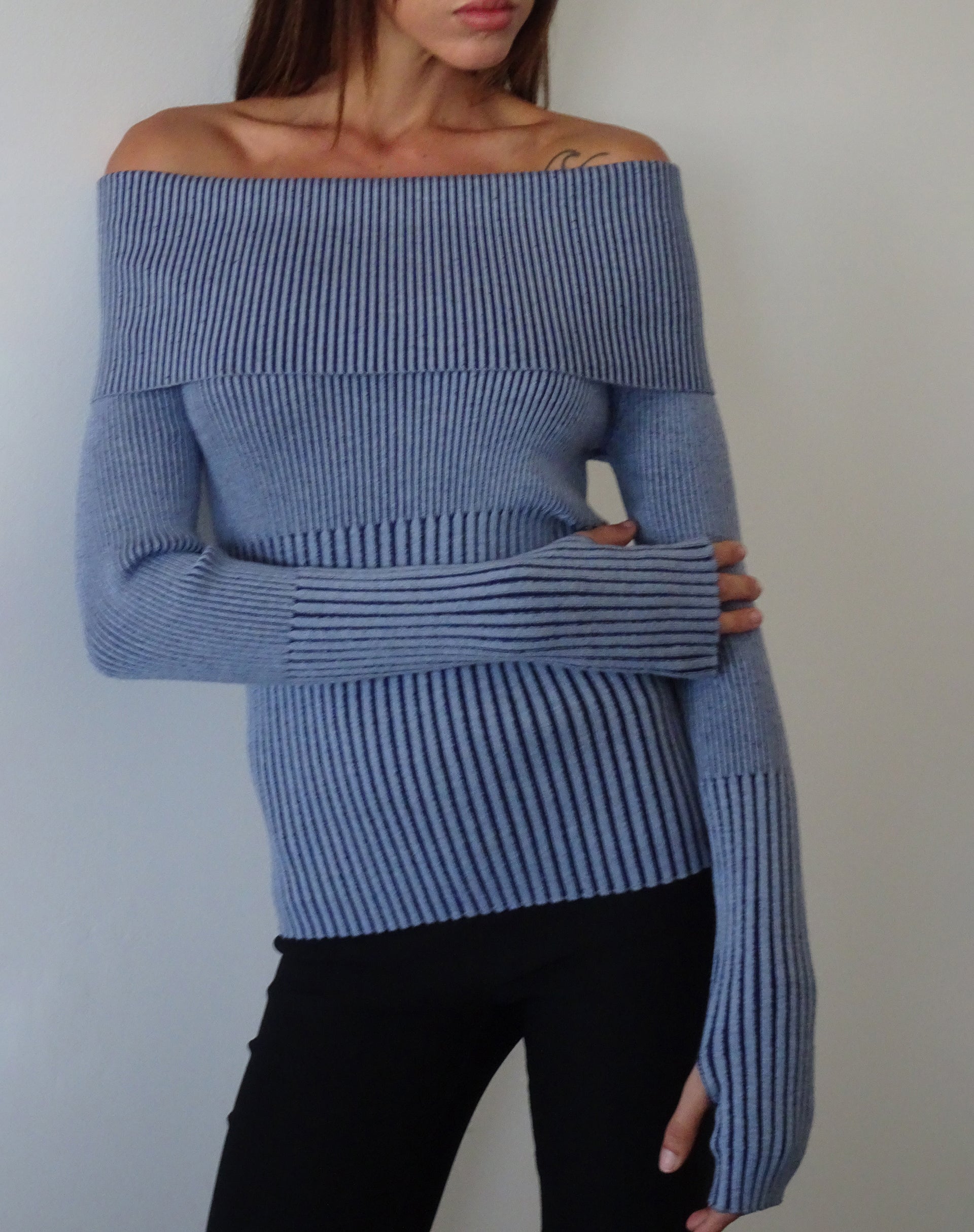 Circe Knitted Bardot Jumper in Two Tone Blue-Nico Sky