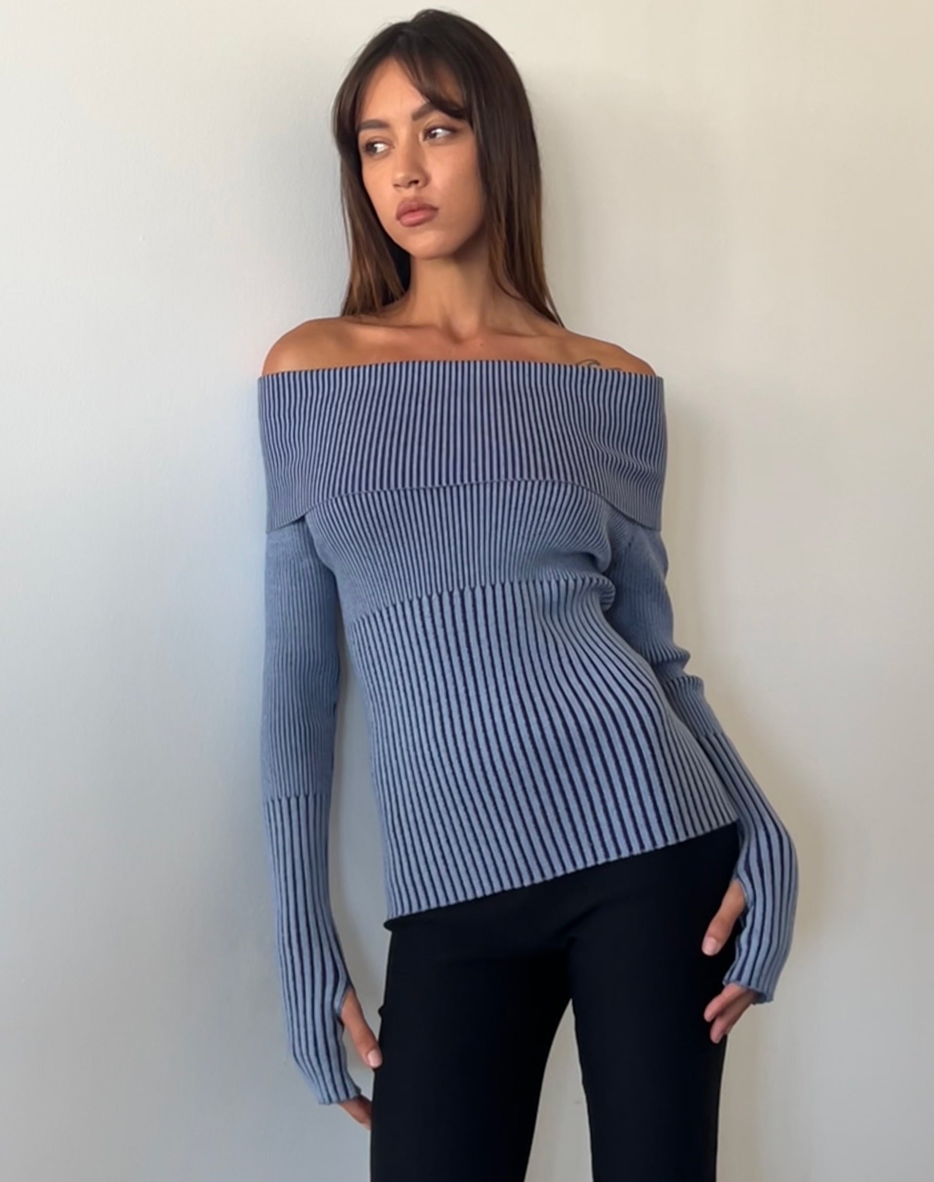 Circe Knitted Bardot Jumper in Two Tone Blue-Nico Sky