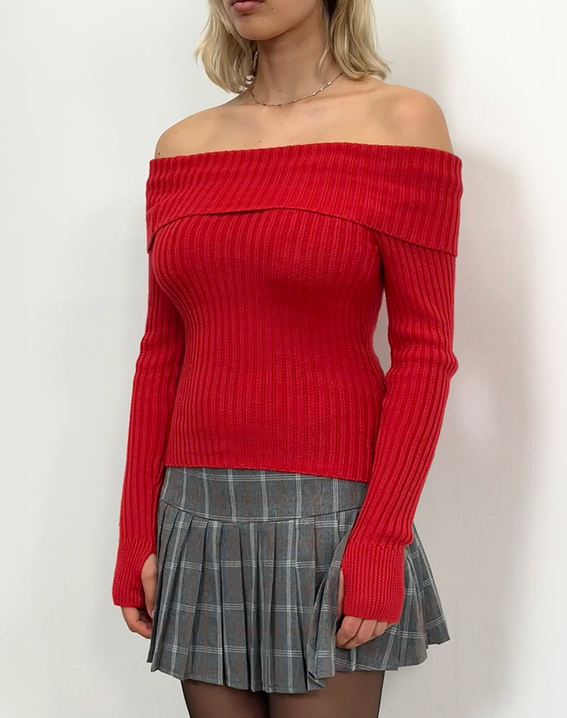 Circe Off-Shoulder Long Sleeve Knit Top in Red-Nico Sky