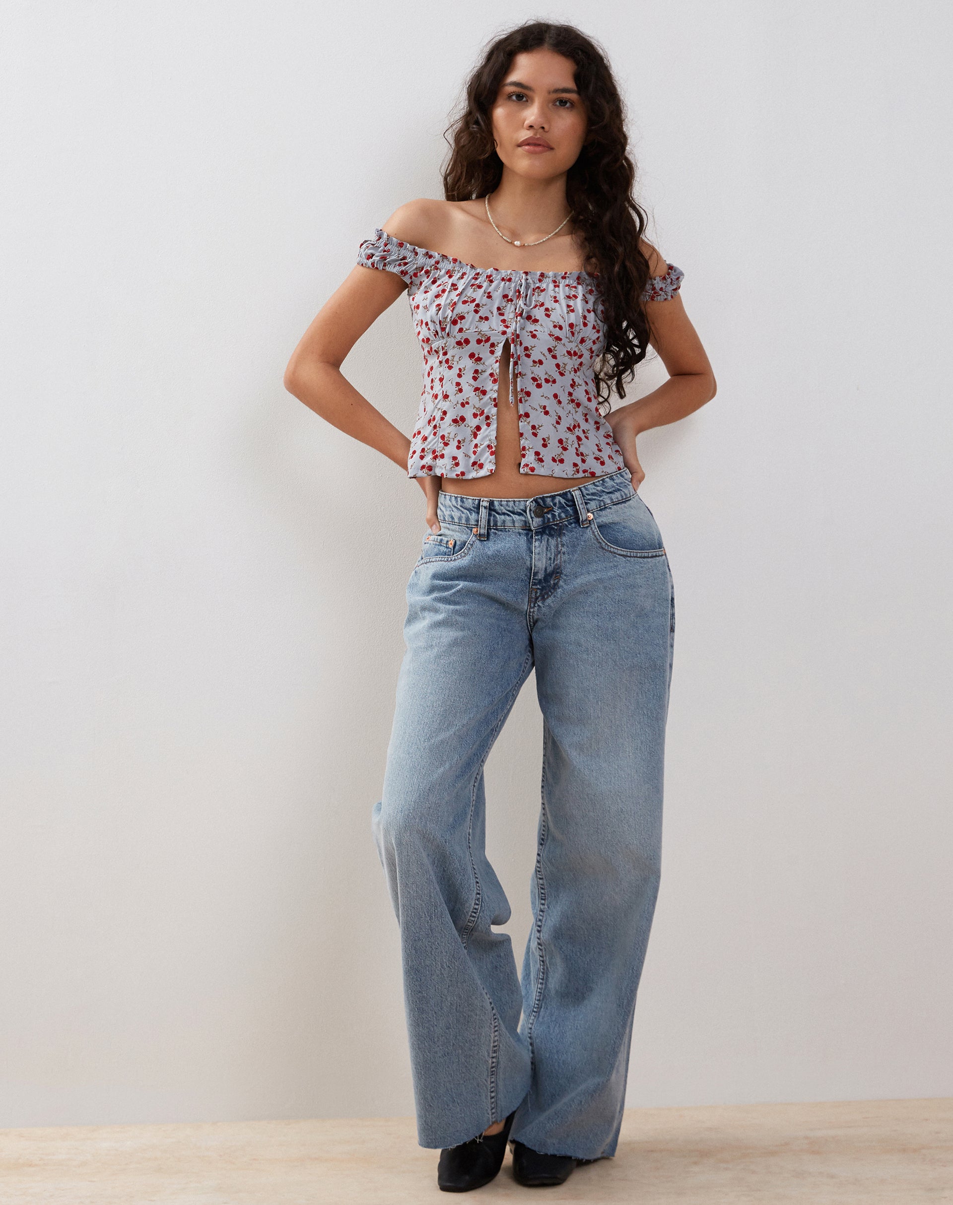 Citra Bardot Frill Top in Blue Floral Ditsy-Nico Sky