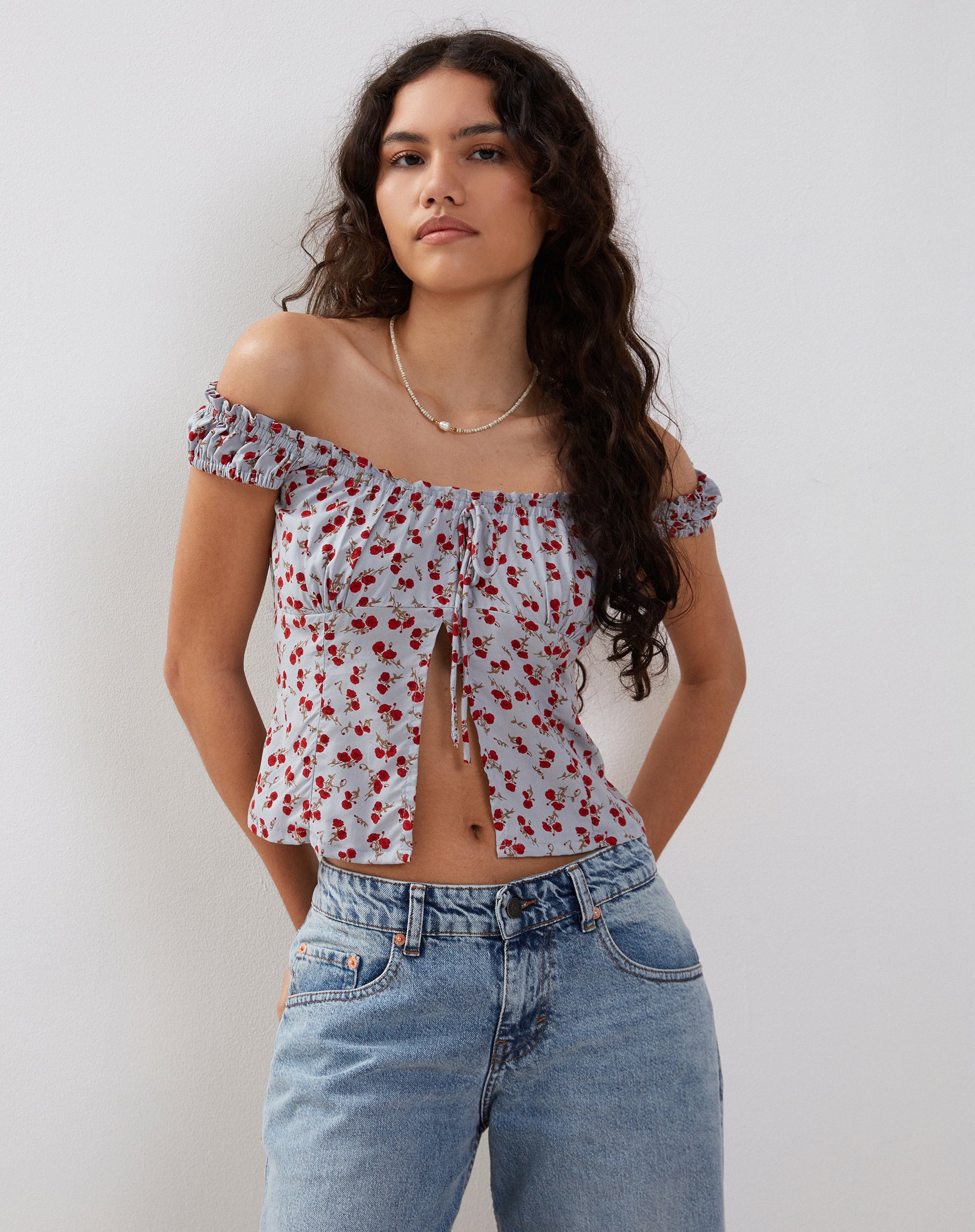 Citra Bardot Frill Top in Blue Floral Ditsy-Nico Sky