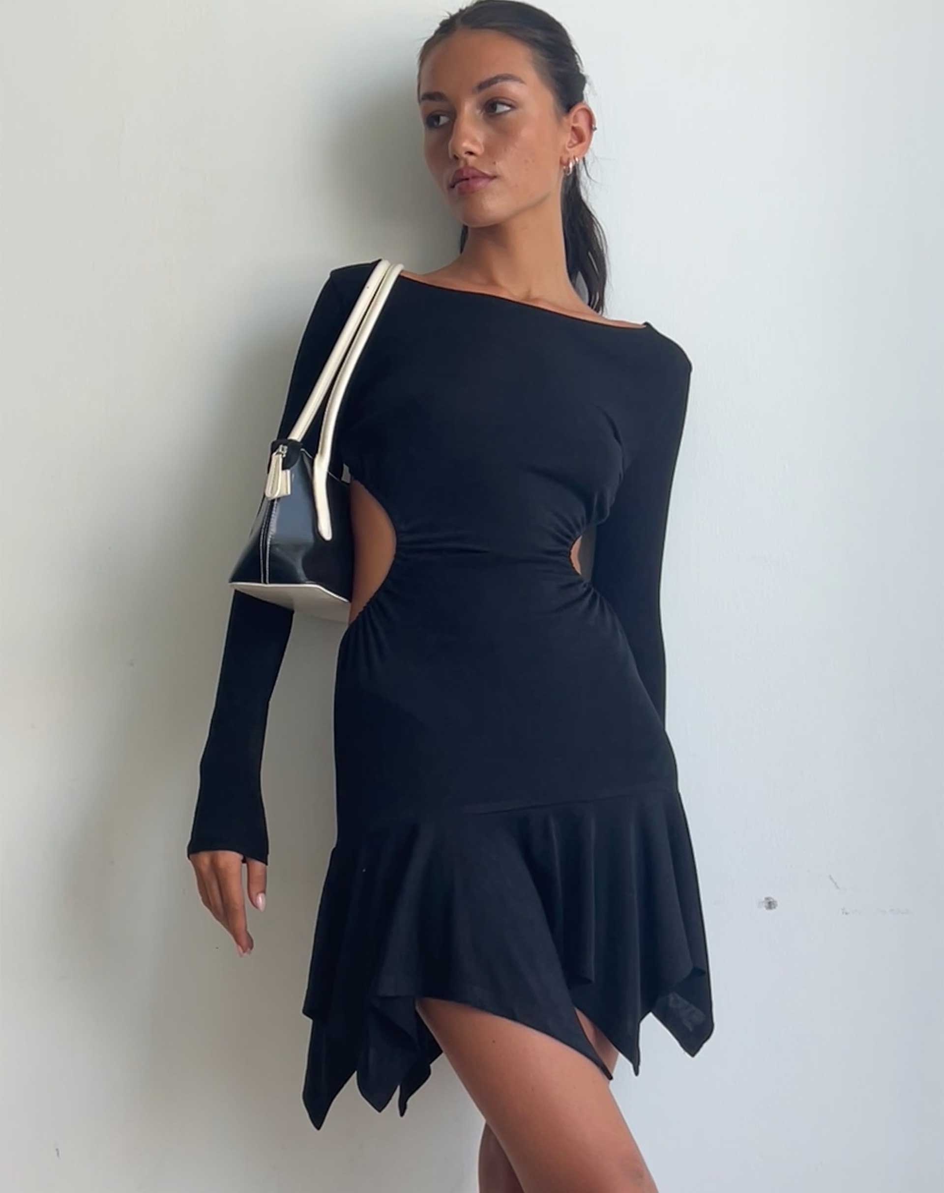 Cordelia Long Sleeve Cut Out Mini Dress in Black-Nico Sky