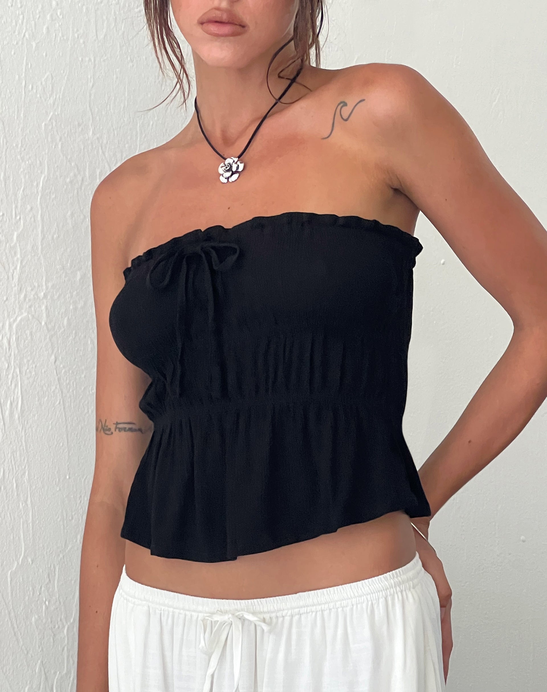 Cove Bandeau Top in Crinkle Black-Nico Sky