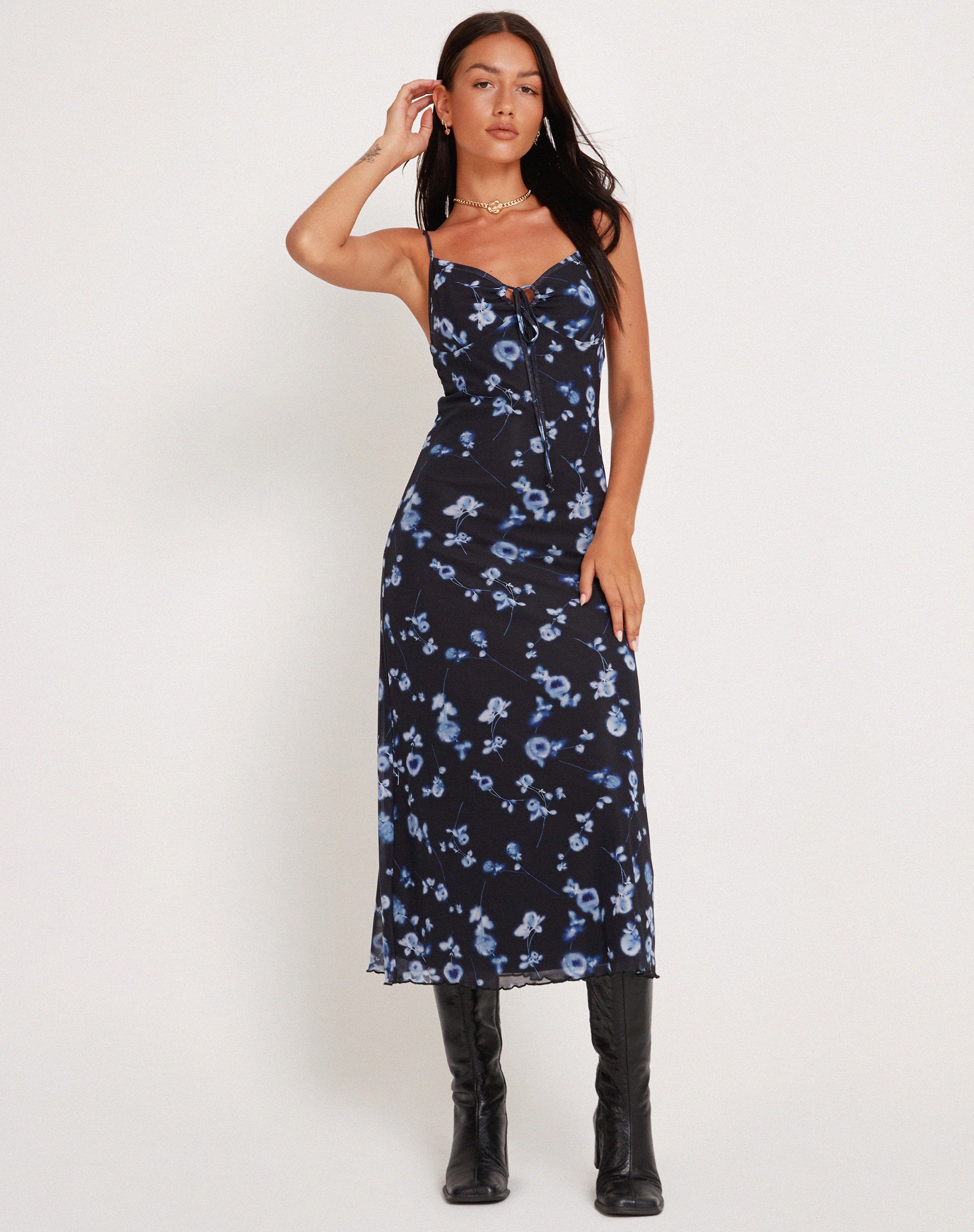Coya Maxi Dress in Mesh Navy Diffused Floral-Nico Sky