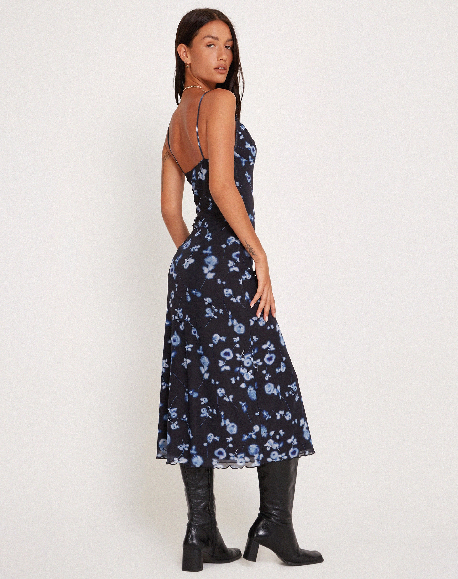 Coya Maxi Dress in Mesh Navy Diffused Floral-Nico Sky