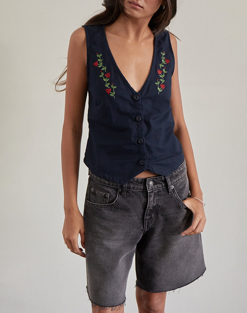 Cyna Button Through Vest in Tapshoe with Rose Embroidery-Nico Sky