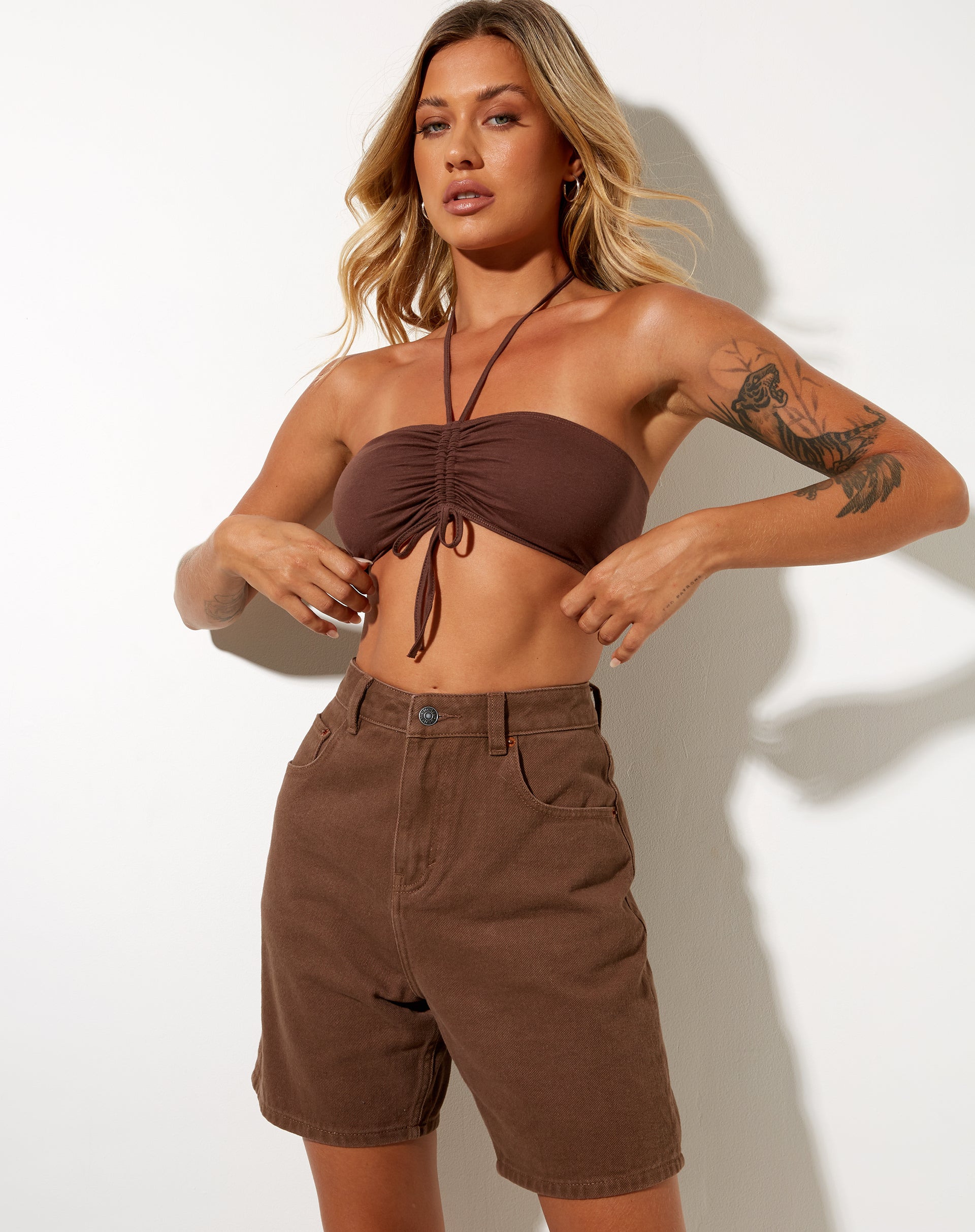 Dad Denim Shorts in Rich Brown-Nico Sky