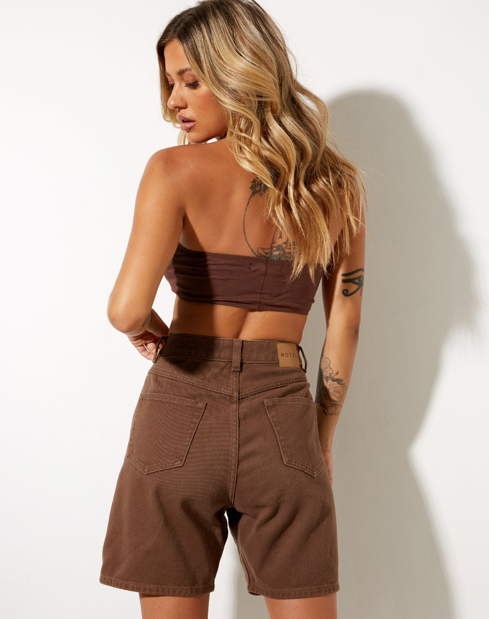 Dad Denim Shorts in Rich Brown-Nico Sky