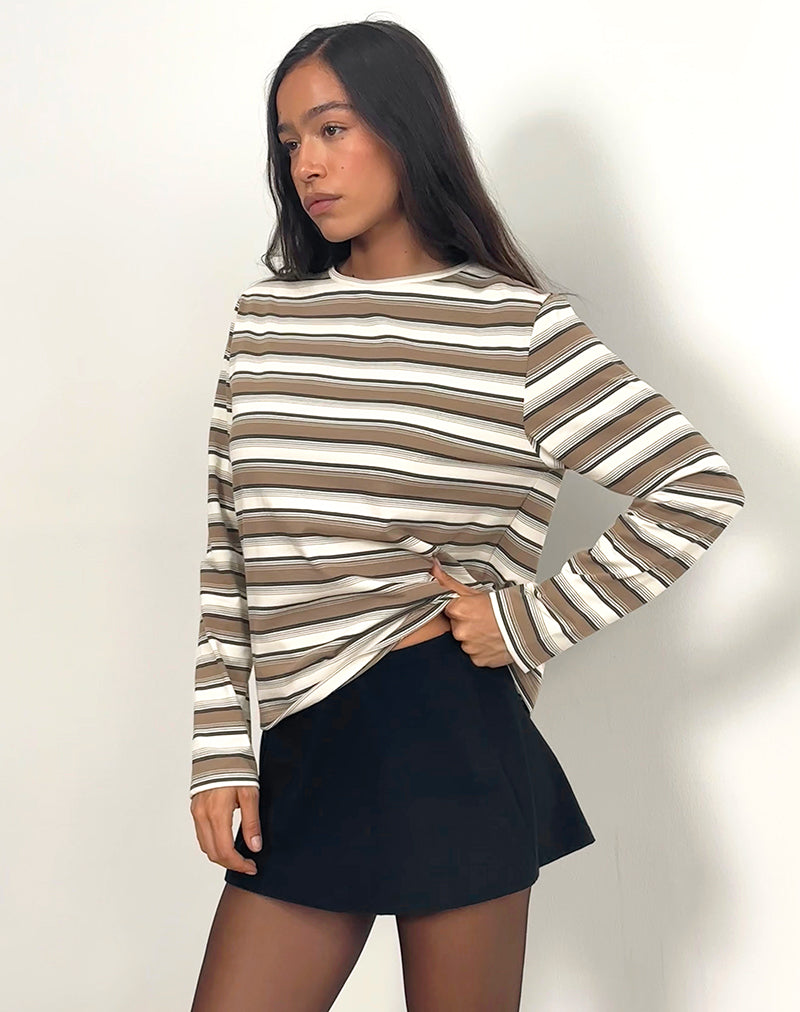 Dafika Long Sleeve Jersey Top in Brown and White Stripe-Nico Sky