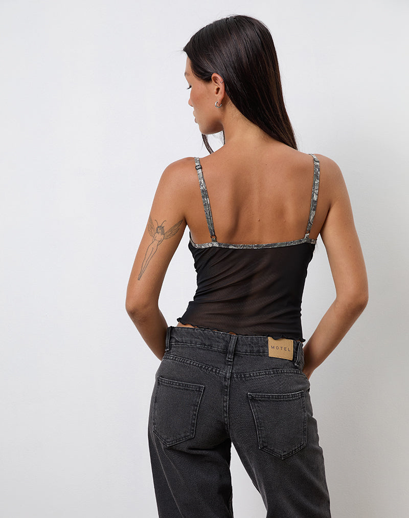 Dalan Cami Top in Black Mesh with Forest Camo Trim-Nico Sky