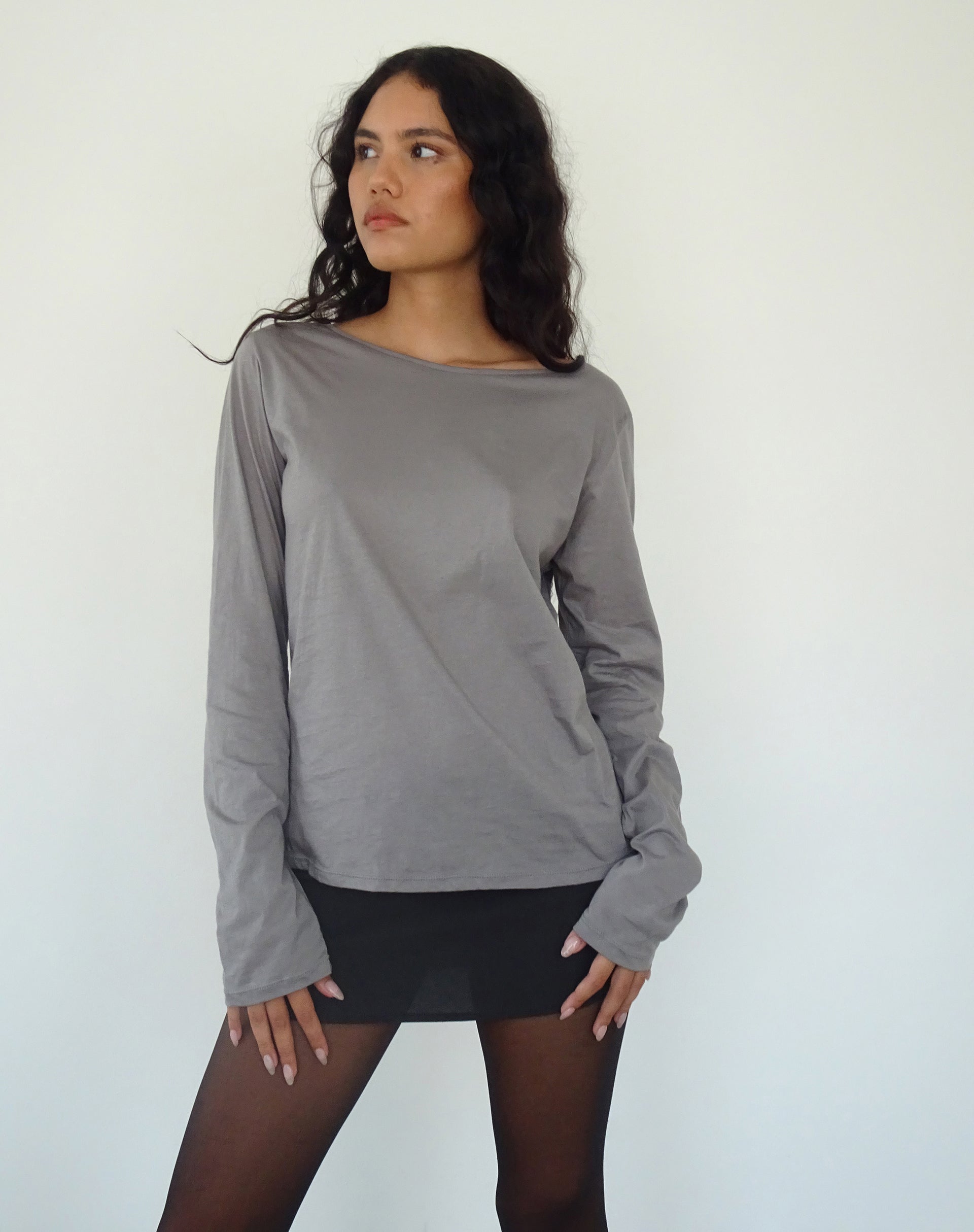 Damon Baggy Long Sleeve Top in Elephant Grey Tissue Jersey-Nico Sky