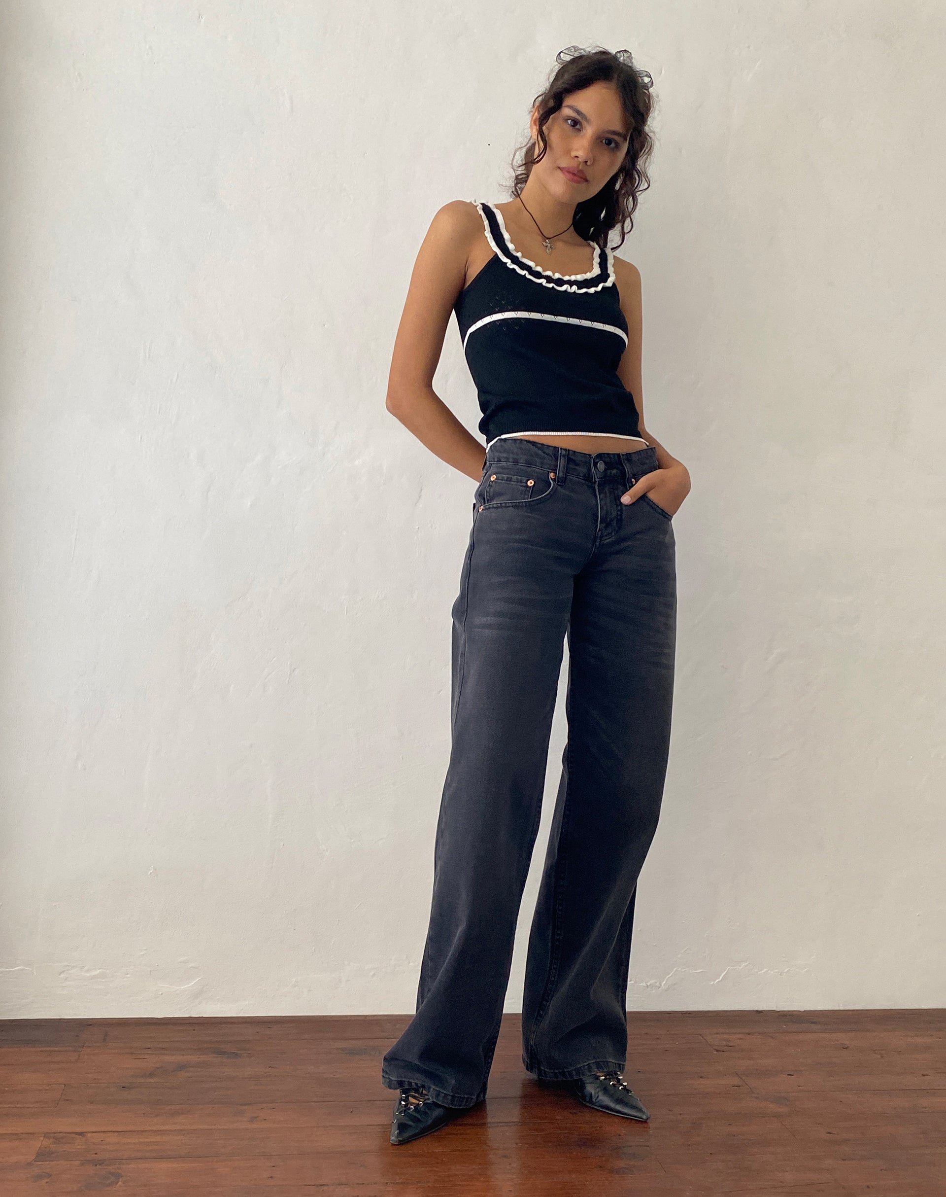 Darcie Pointelle Top in Black with White Tipping-Nico Sky