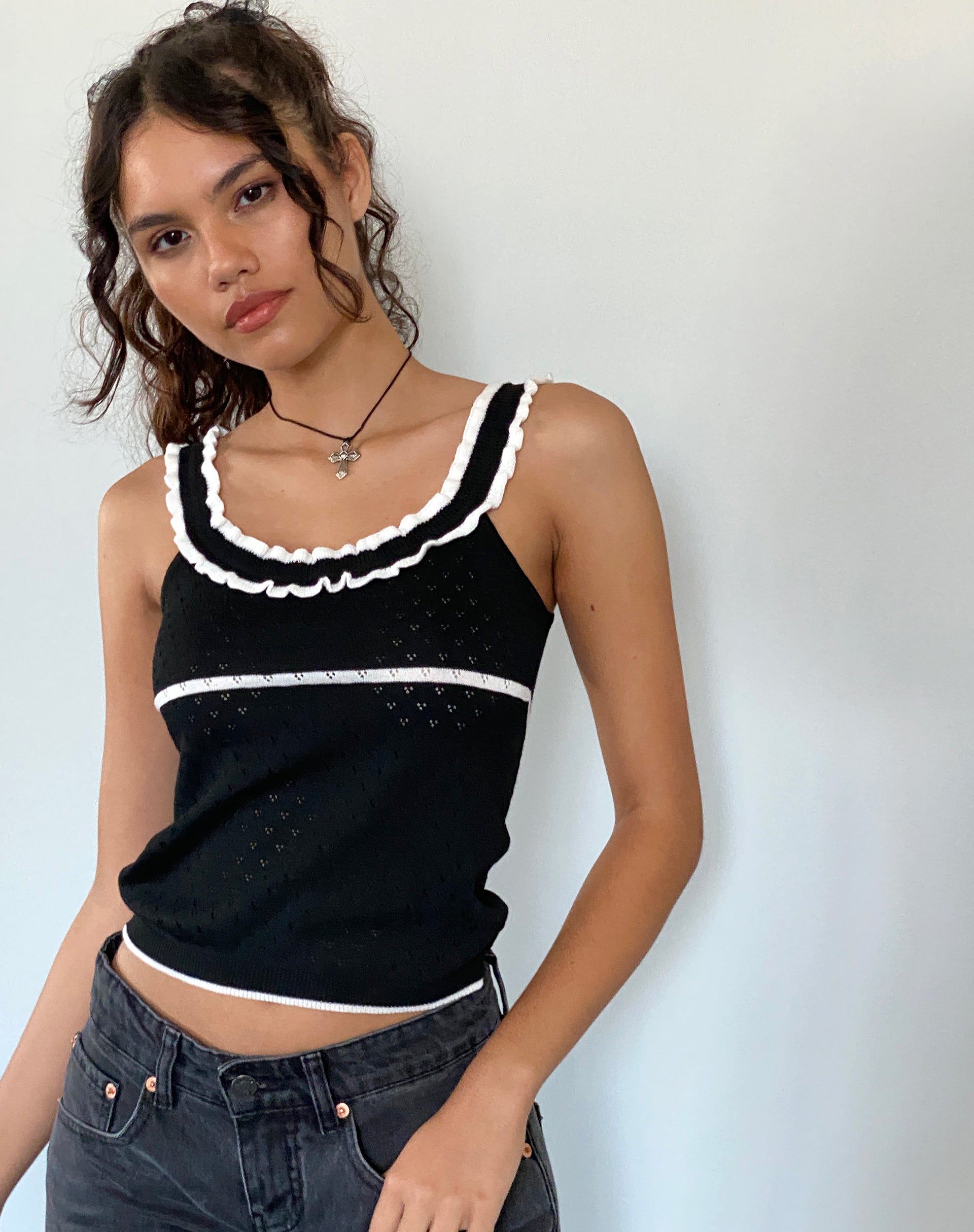 Darcie Pointelle Top in Black with White Tipping-Nico Sky