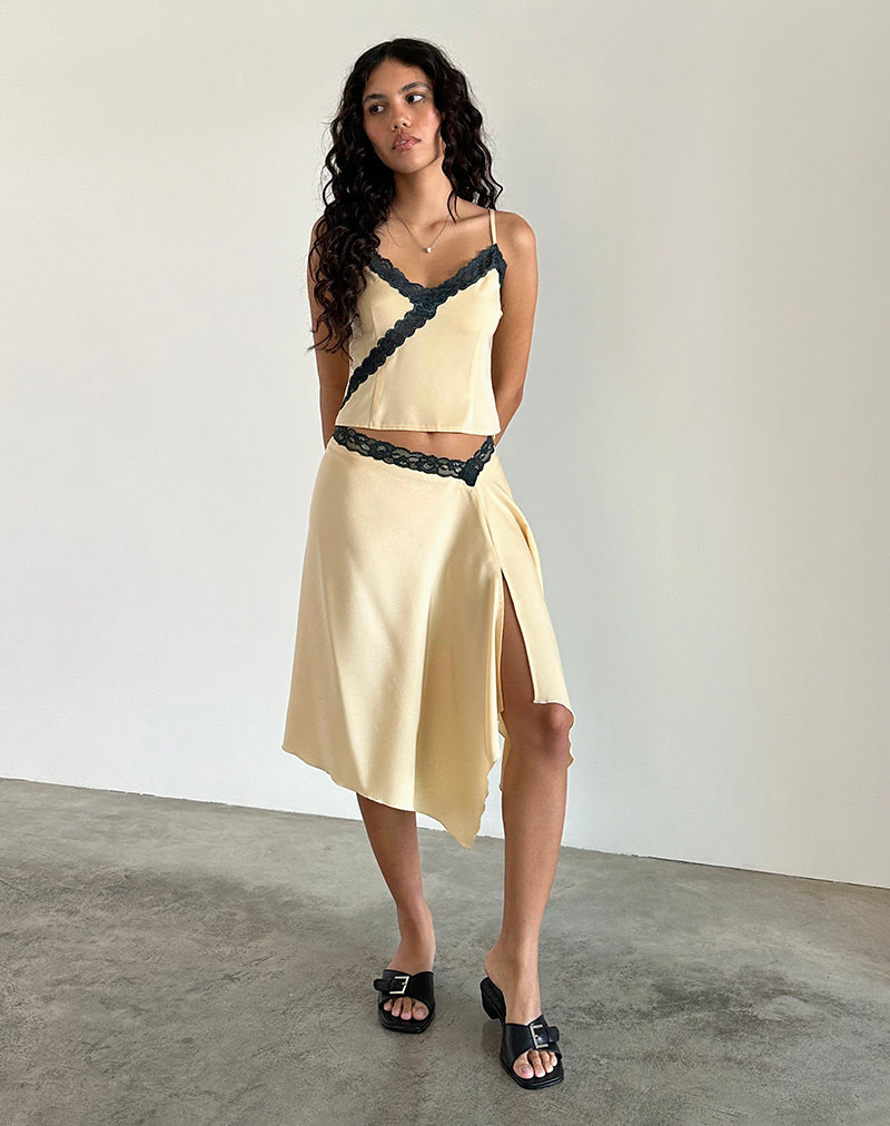 Houda Midi Skirt in Buttermilk with Grey Lace-Nico Sky