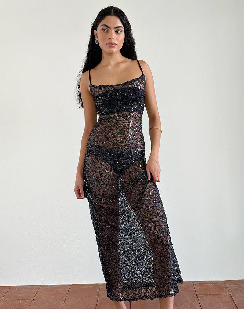 Darsih Maxi Dress in Sequin Mesh Black-Nico Sky