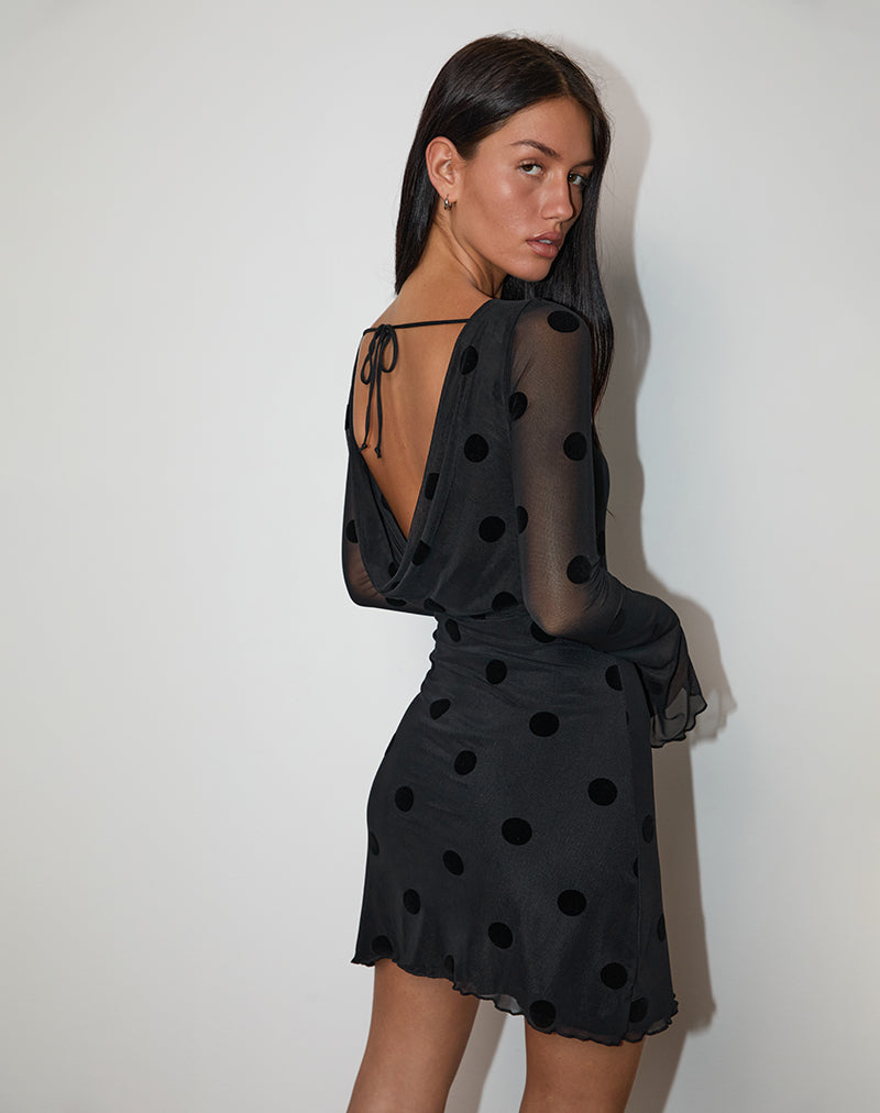 Dasa Long Sleeve Mini Dress in Big Polka Flock Black-Nico Sky