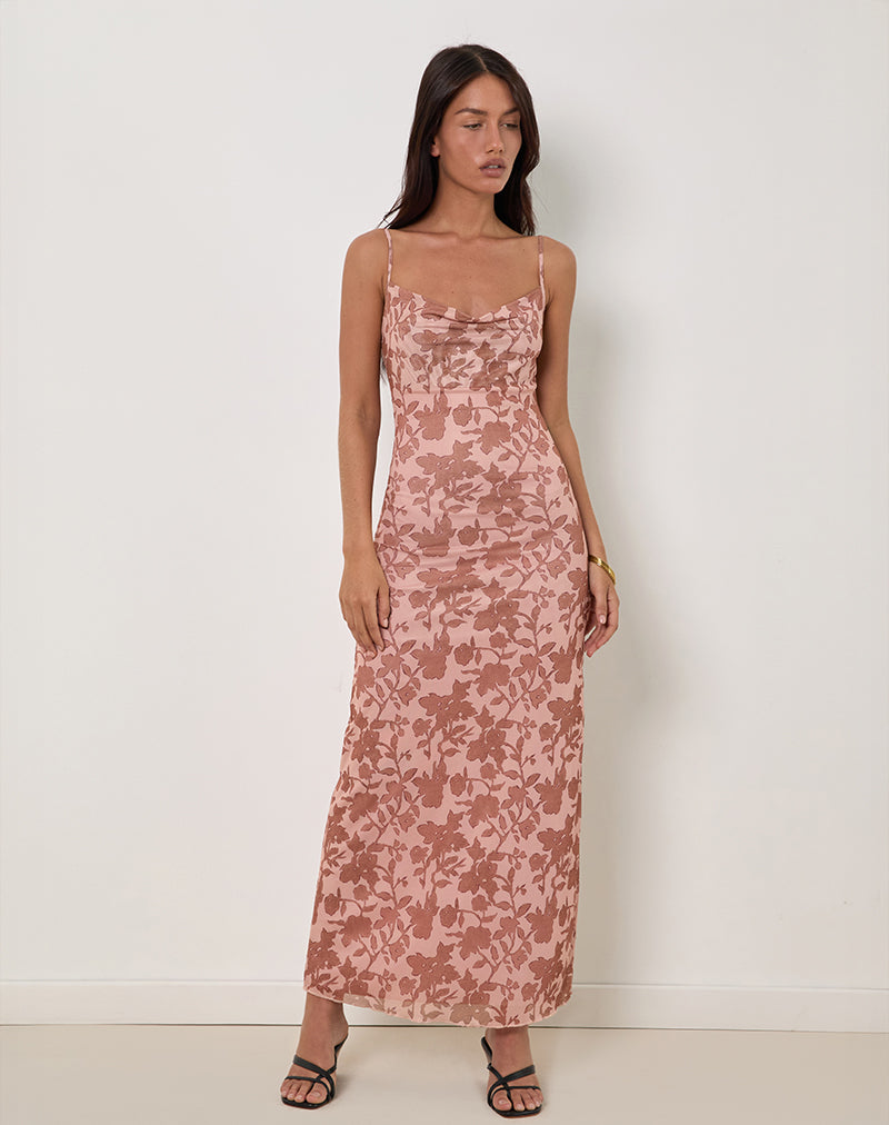 Dasita Cowl Neck Maxi Dress in Neutral Flower Print-Nico Sky