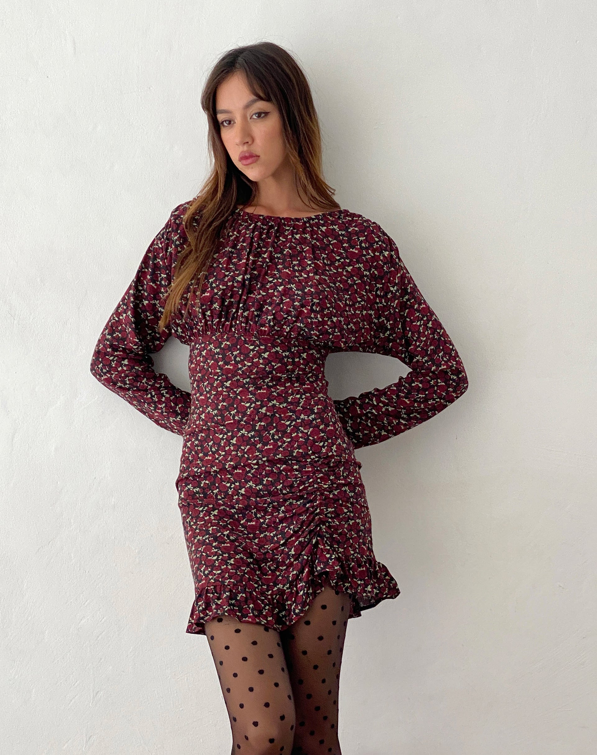 Dawsen Long Sleeve Ruched Mini Dress in Dark Rhoslyn Ditsy Print-Nico Sky