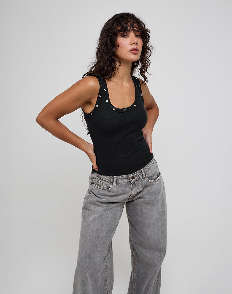 Dax Eyelet Ribbed Vest Top in Black-Nico Sky