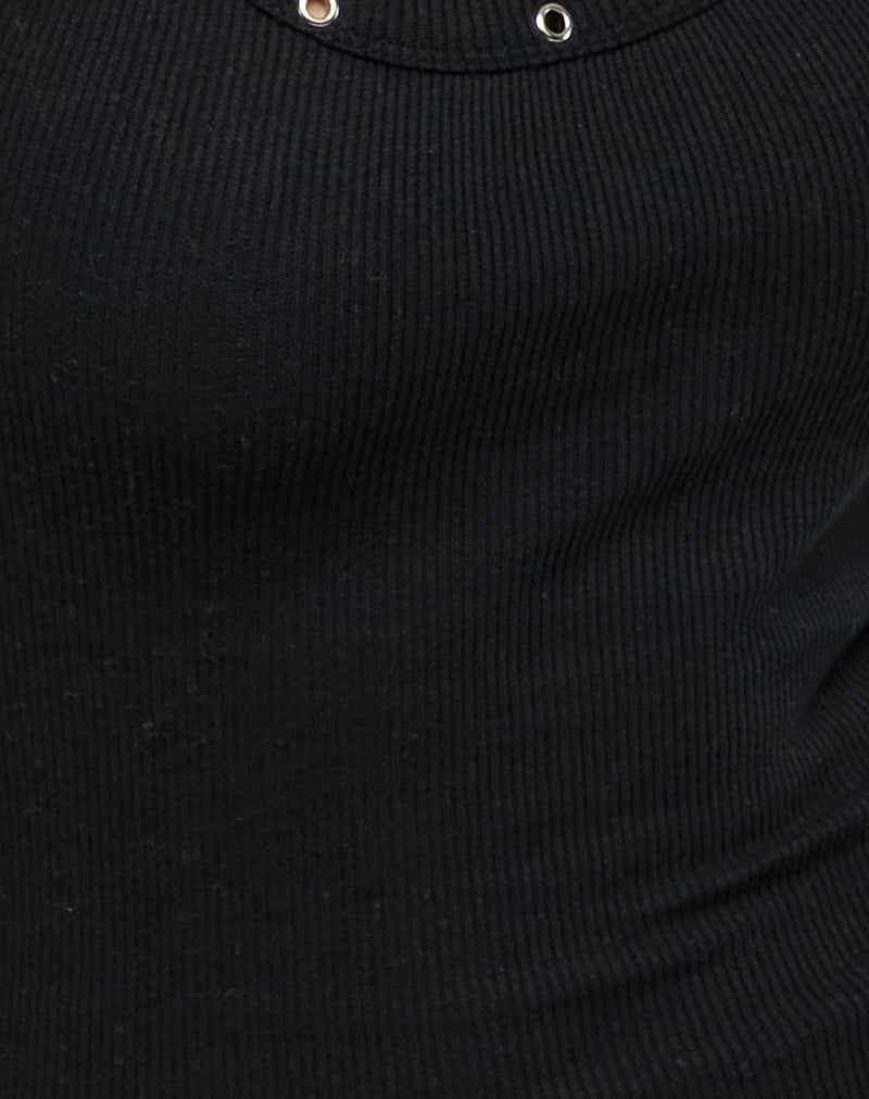 Dax Eyelet Ribbed Vest Top in Black-Nico Sky