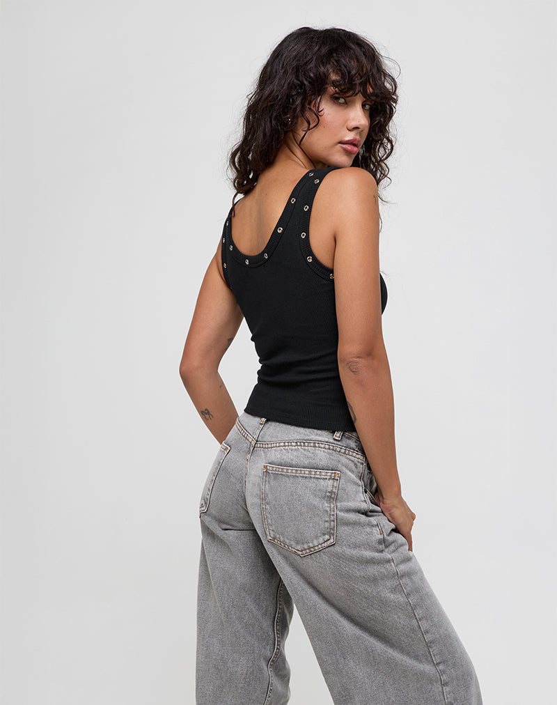 Dax Eyelet Ribbed Vest Top in Black-Nico Sky