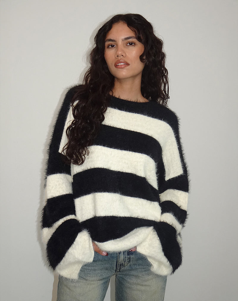 Daya Fluffy Jumper in Ivory and Black Stripe-Nico Sky