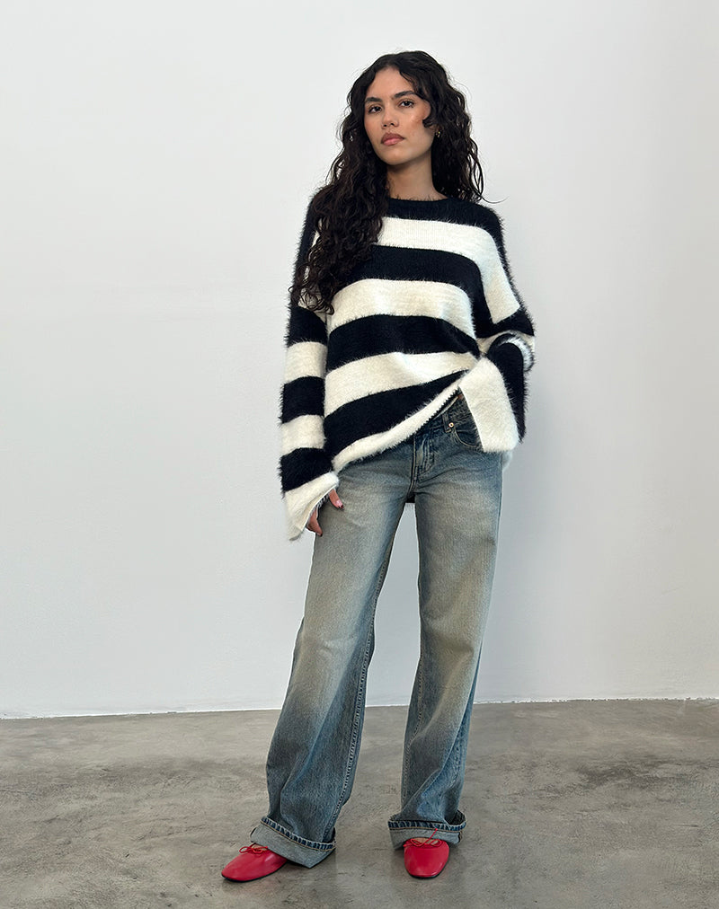 Daya Fluffy Jumper in Ivory and Black Stripe-Nico Sky