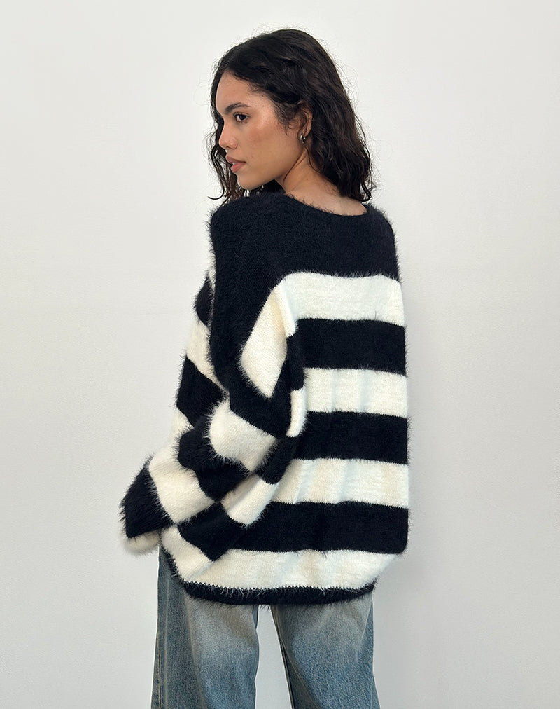 Daya Fluffy Jumper in Ivory and Black Stripe-Nico Sky