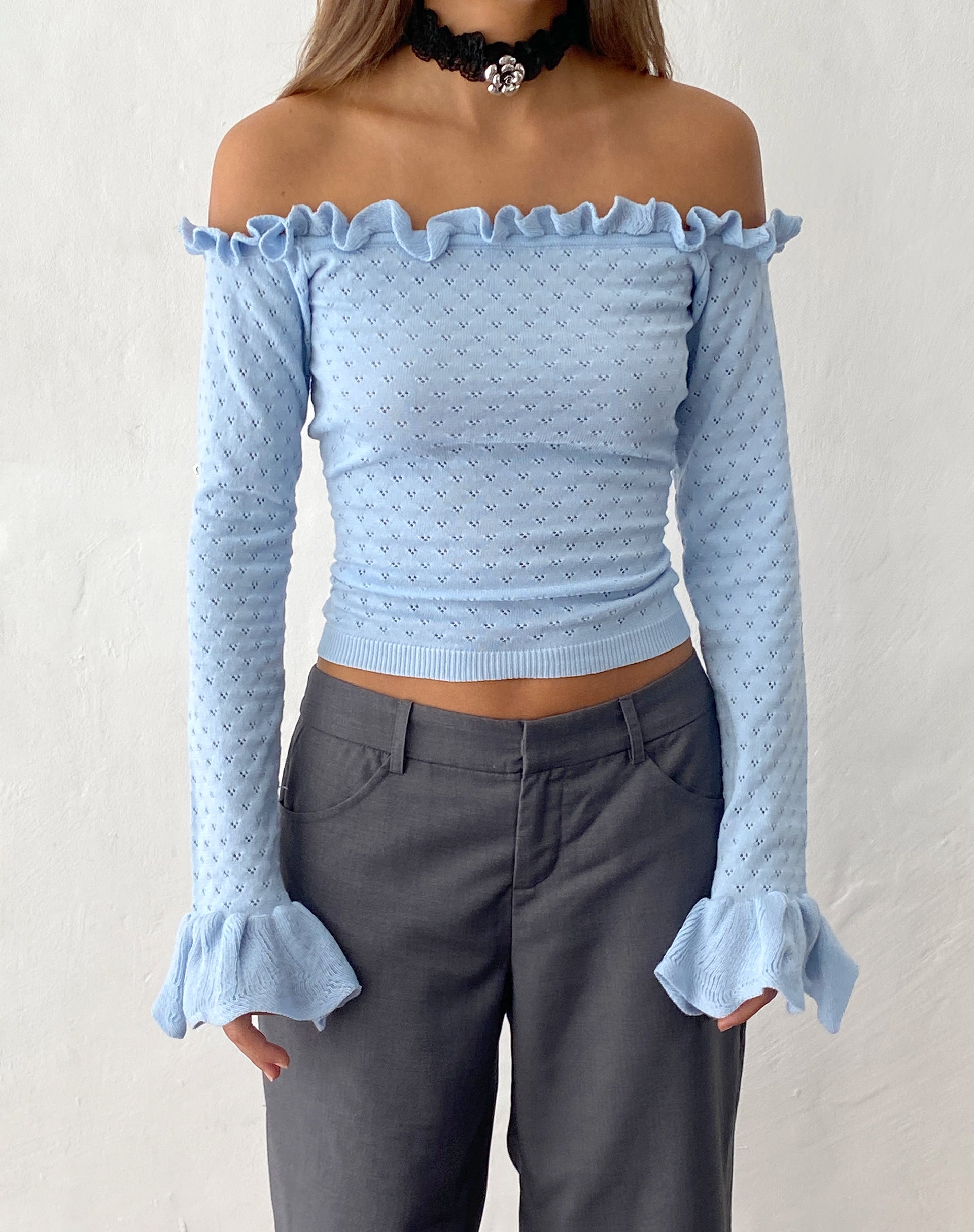 Delaney Knitted Frill Bardot Top in Baby Blue-Nico Sky
