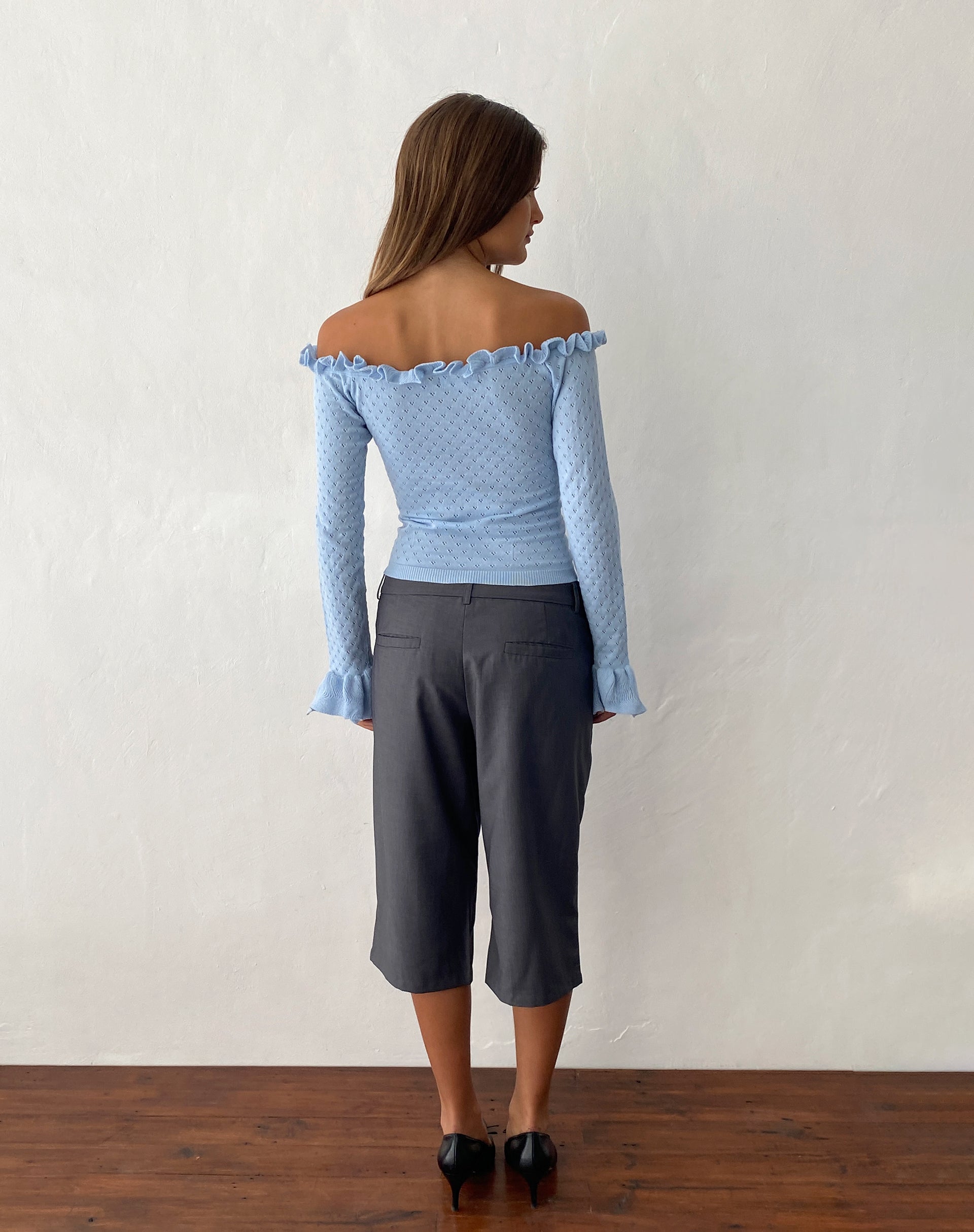 Delaney Knitted Frill Bardot Top in Baby Blue-Nico Sky