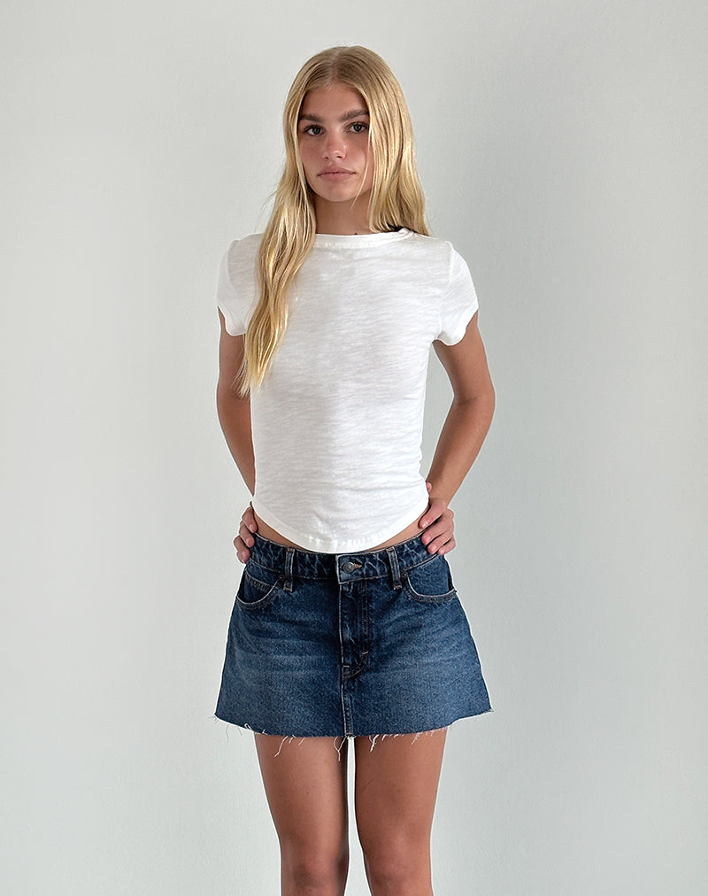 Raw Hem Denim Mini Skirt in Mid Blue Used-Nico Sky