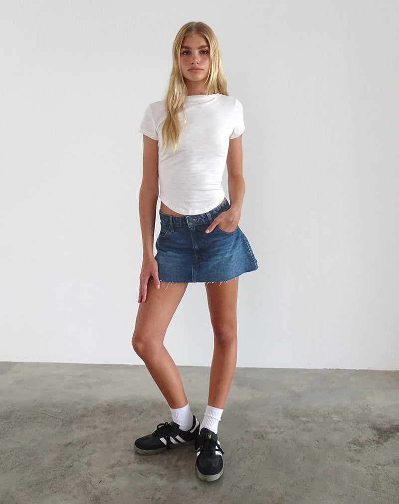 Raw Hem Denim Mini Skirt in Mid Blue Used-Nico Sky