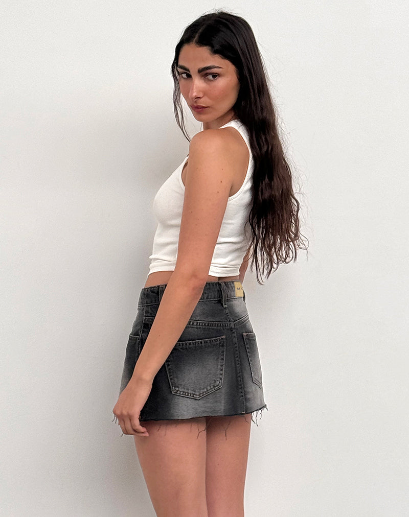 Raw Hem Denim Mini Skirt in Grey Used Bleach-Nico Sky