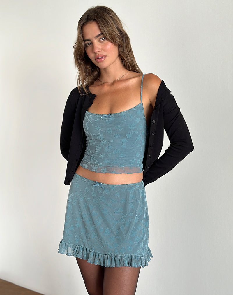 Deri Cami Top in Grunge Floral Blue Grey-Nico Sky
