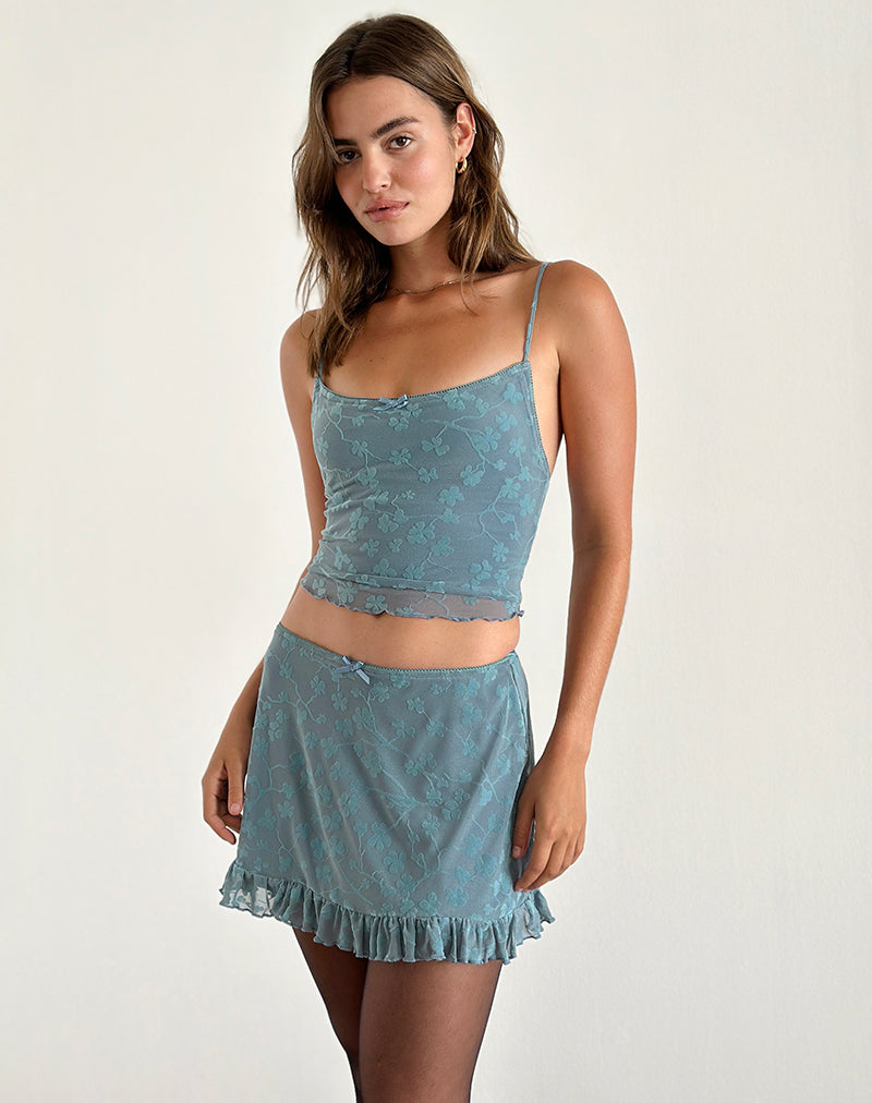 Deri Cami Top in Grunge Floral Blue Grey-Nico Sky